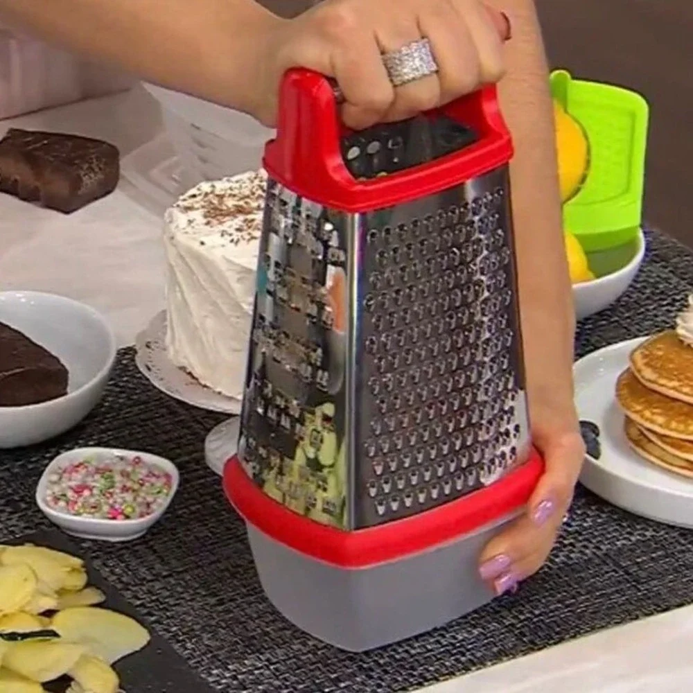 Prepology Stainless Steel Box Grater 4-Sided with 2 Catch Bins & Hand Guard Red‎